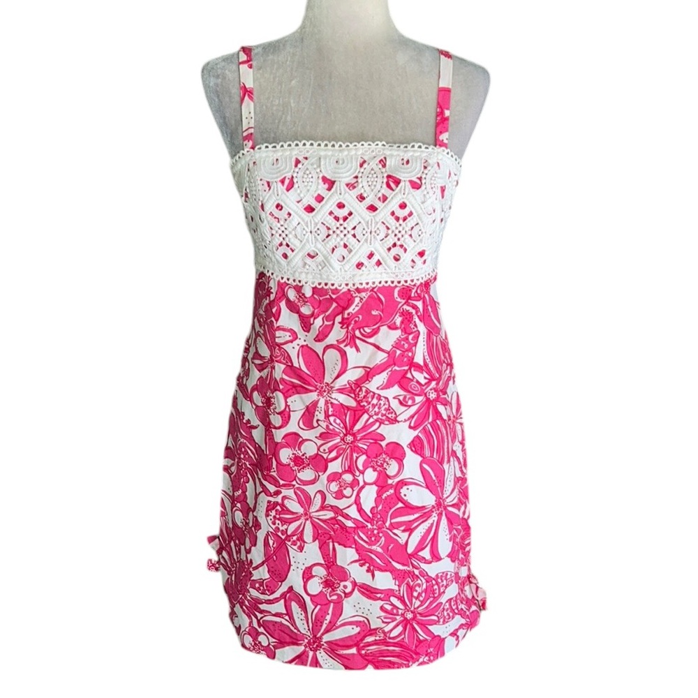 Lilly Pulitzer Hot Pink White Jubilee Lobster Print Crochet Eyelet Mini Dress  4